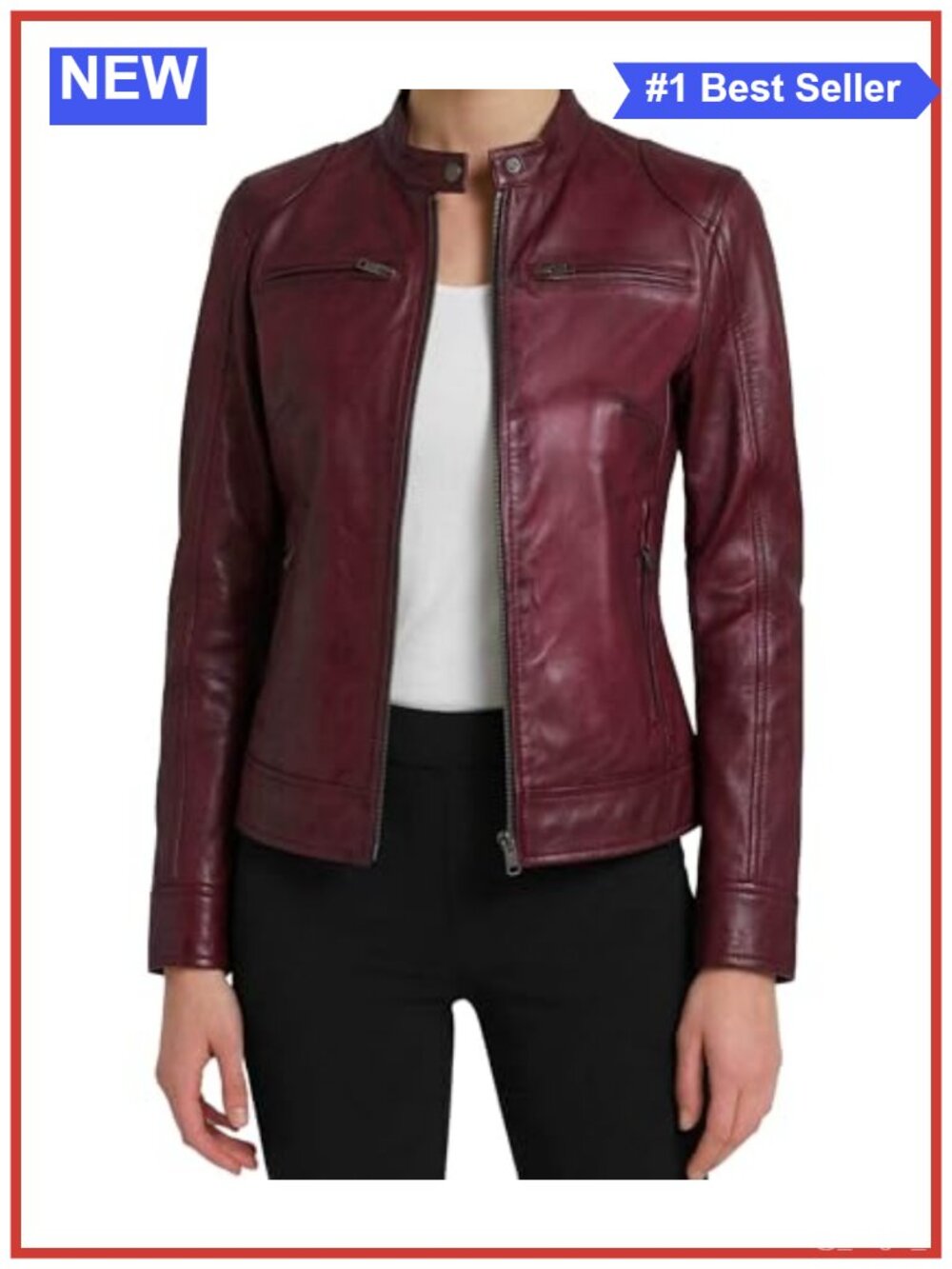 Real Lambskin Leather Jacket Women Cafe Racer Moto Zip Biker Coat